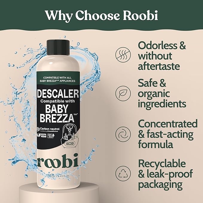 Roobi Descaling Solution Compatible with Baby Brezza. Specially Formulated to Clean & Descale Baby Appliances. Up to 2 Uses per Bottle, 2 Pack. Carbon Neutral.