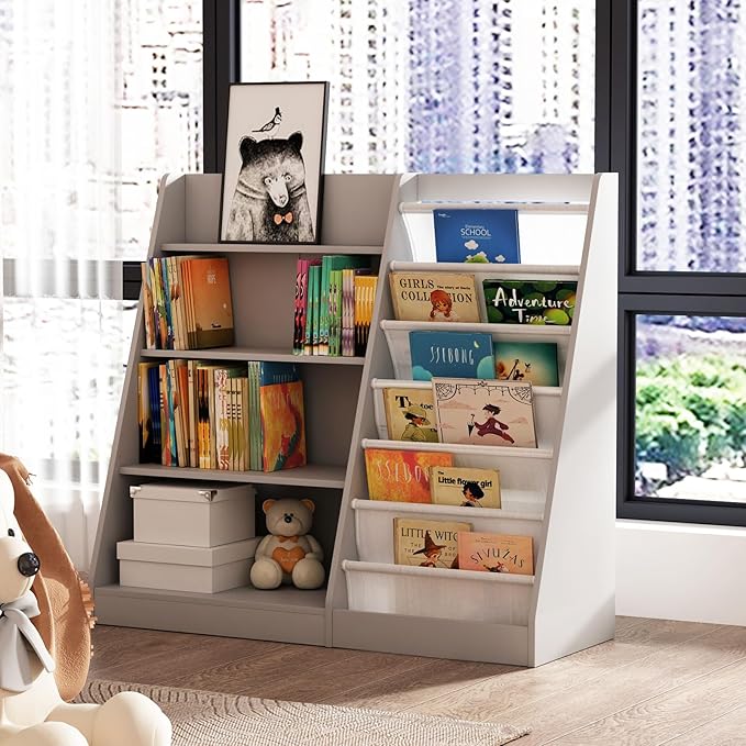 Gray Kids Bookshelf for Nursery Toddler Baby Sling Book Rack Adjustable Shelf Children Bookcase for Classroom Playroom Bedroom Décor Toy Magazine Book Storage Organizer 4 Tier Boy Girl’s Gift