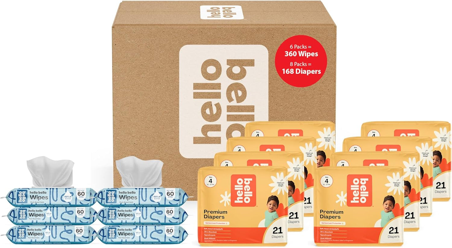 Hello Bello Mega Surprise Pack, Size 4 (22-37 lbs), 168ct Hypoallergenic Assorted Diapers with a Soft, Cloth-Like Feel Plus 360 Ultra Gentle Unscented Baby Wipes in 6 Resealable Packs