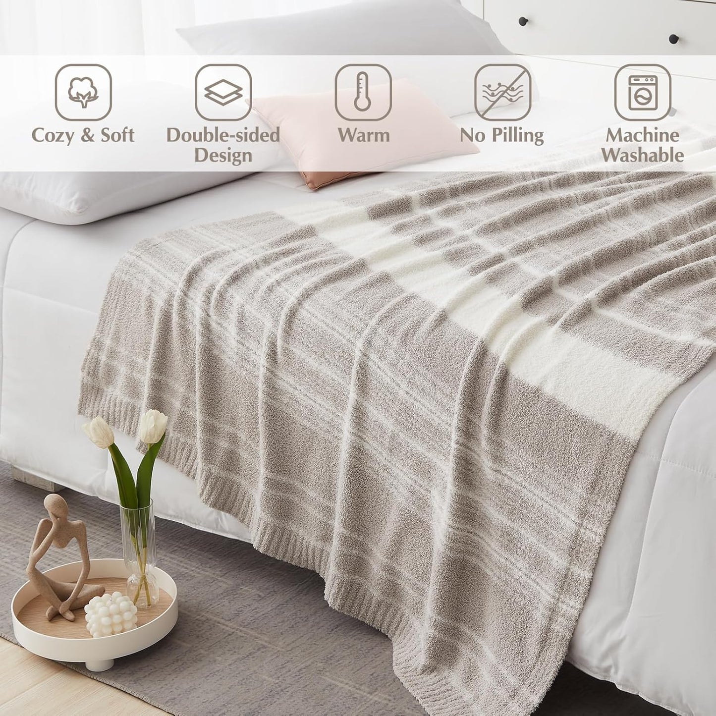 WRENGONGE Taupe Throw Blanket, 60x80 Soft Cozy Striped Throw Blankets for Couch, Sofa, Bed, Travel, Lightweight Fluffy Warm Plush Decorative Blankets for Women, Men,Kids Gift