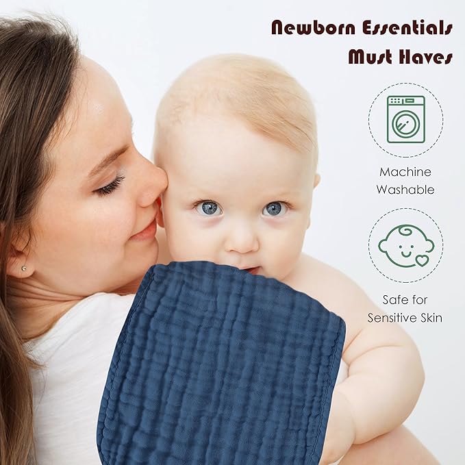 Muslin Burp Cloths 100% Cotton Large 20''x10'' Extra Soft and Absorbent Baby Wash Cloths Spit Up Rags - Baby Burping Cloth for Boys Girls Items(12 Pack Navy Blue)