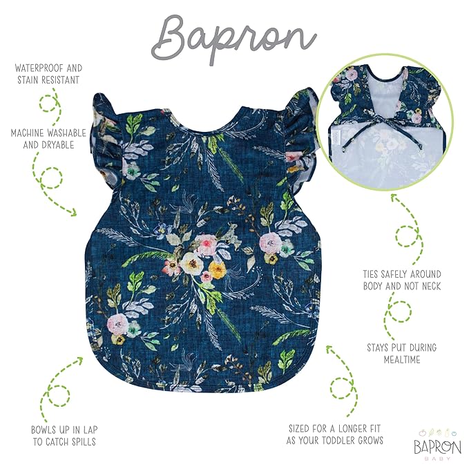 BapronBaby Flutter Boho Floral Bapron - No Neck Tie Safer Bib for Baby & Toddler - Soft Waterproof Stain Resistant - Machine Washable - Sz Preschool 3-5yrs
