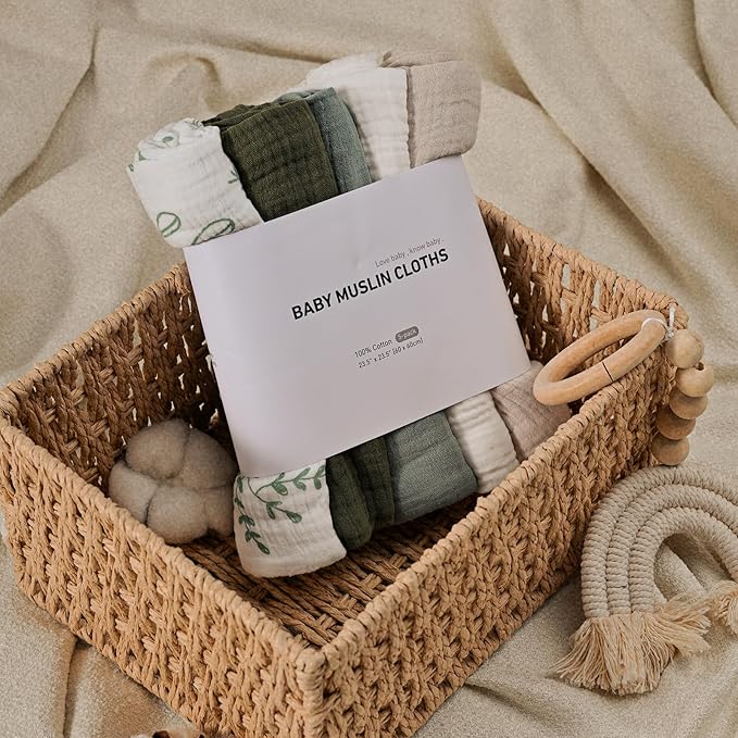 Muslin Receiving Blankets, Neutral Blanket Swaddling for Newborn Boys and Girls, 5 Pack Breathable and Skin-Friendly Swaddle Wrap for Infant Baby (Bright Leaves)