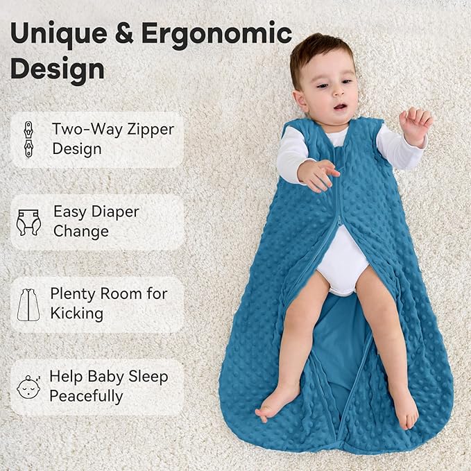 Fleece Baby Sleep Sack 12-18 Months with Plush Dots 1.5 Tog Baby Wearable Blanket with 2-Way Zipper Warm Sleeping Sack for Toddler Infant - Large, Sky Blue