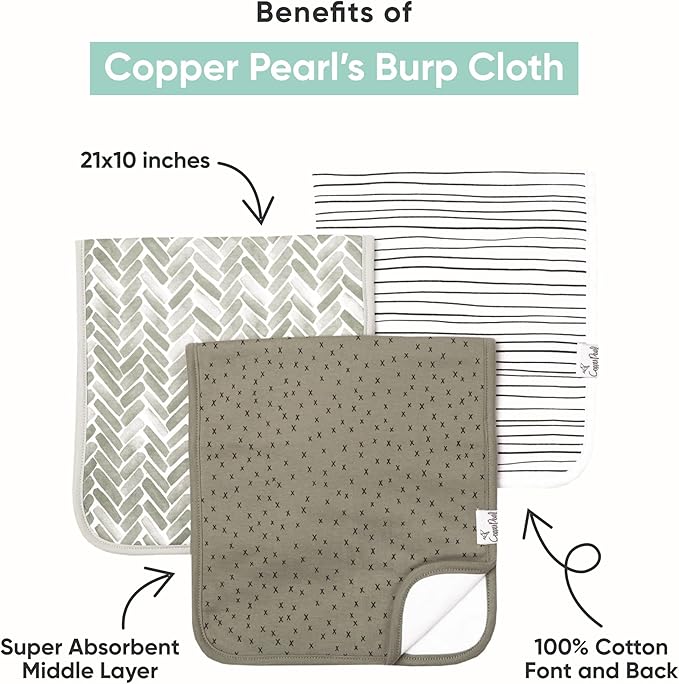 Copper Pearl Premium Baby Burp Cloths - 3-Pack Large Cotton Burp Cloths, Extra Soft Spit Up Rags with 3 Absorbent Layers, Perfect for Baby Girl Gifts (21" x 10" Size, Ivy Set)