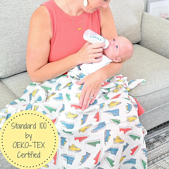 LollyBanks Swaddle Blanket, 100% Cotton Muslin Swaddle Blankets, Neutral Swaddle Blanket 47 x 47 Inches, Baby Blanket for Boys and Girls, Baby Essentials, Registry (Sneakers Print)
