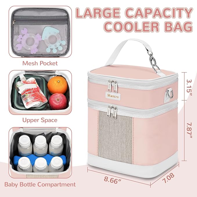 Mancro Breast Milk Cooler Travel Bag with Ice Pack, Double Layer Baby Bottle Cooler Bag Fits 6 Bottles Up to 9 Ounces,Insulated Bottle Bags for Daycare & Travel,Pink