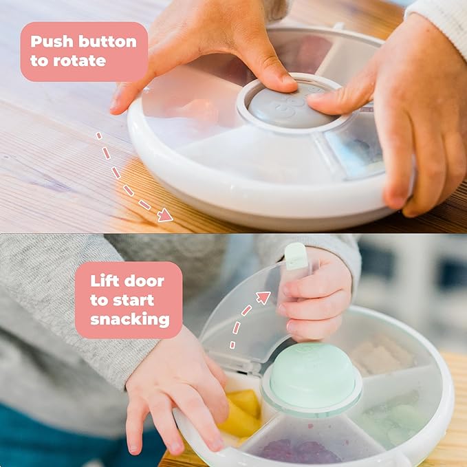GoBe Kids Small Snack Spinner Flip Bundle with Hand Strap and Sticker Sheet - Reusable Snack Container with 5 Compartment Dispenser and Lid | BPA/PVC Free | Dishwasher Safe | No Spill - Lemon Yellow