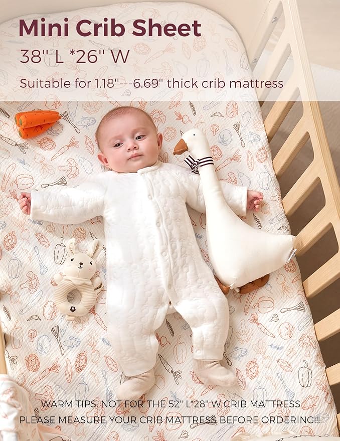 Momcozy Muslin Mini Crib Sheets Fitted - 38''x26'' Pack and Play Sheets for Pack N Play Mattress, 2 Pack Soft & Breathable Natural Cotton Non Slip Bed Cover for Boys, Girls, Farming Joy