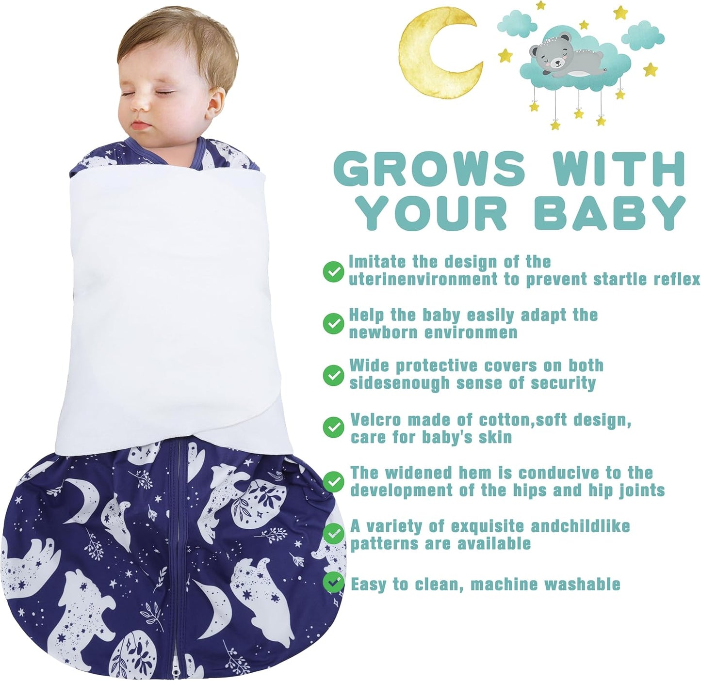 Newborn Sleep Sack Baby Swaddle,3-Way Adjustable Wearable Blanket,100% Rayon Cotton Swaddling Sleeping Bag，TOG 0.5 (Fox & Dinosaurs, 0-3 Months)