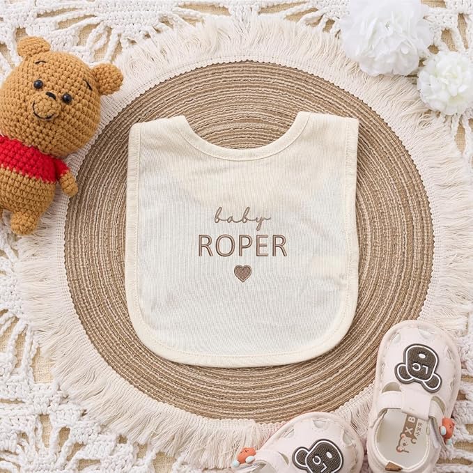 COUPLEHOODIES Custom Baby Name Embroidered Bib – Cotton Feeding Bib with Heart Stitch Design, Gift for Newborn or Baby Shower
