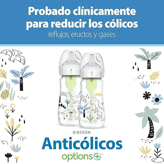 Dr. Brown's Natural Flow® Anti-Colic Options+™ Wide-Neck Baby Bottle Designer Edition Bottles, Dino Decos, 9oz/270mL, Level 1 Nipple, 2-Pack, 0m+