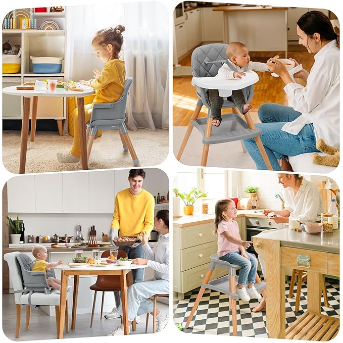 Ezebaby 6 in 1 High Chairs for Babies and Toddlers, Baby High Chair Convertible to Booster Seat and Toddler Chair, Wooden High Chair with Storage and Dishwasher Safe Tray