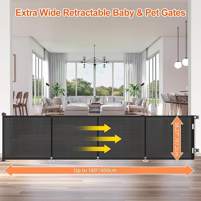 Upgrade 180 inch Retractable Baby Gates, EZIGO Extra Wide Baby Gate for Large Opening Extra Long Mesh Gate for Kids or Pet Dog Gate Child Safety Gate for Stairs Hallways Doorway Indoor Outdoor, Black