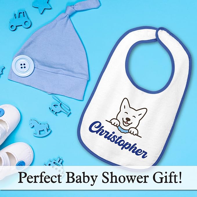 Personalized Baby Bib – Soft Cotton Terry, Cute Jindo Dog Design with Custom Text (1-2 Lines) – Newborns & Toddlers