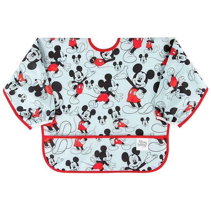 Bumkins Disney Bibs, Baby and Toddler Girls and Boys 6-24 Months, Long Sleeve, Essential Must Have for Eating, Feeding, Mess Saving Lightweight Waterproof Fabric Sleeved Smock, Mickey Mouse Classic