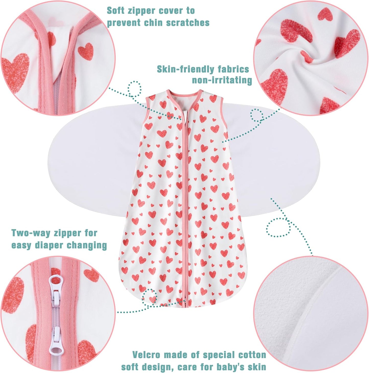 Newborn Sleep Sack Baby Swaddle,3-6 Months,3-Way Adjustable Wearable Blanket,100% Rayon Cotton Swaddling Sleeping Bag，TOG 0.5（Heart&Floral）