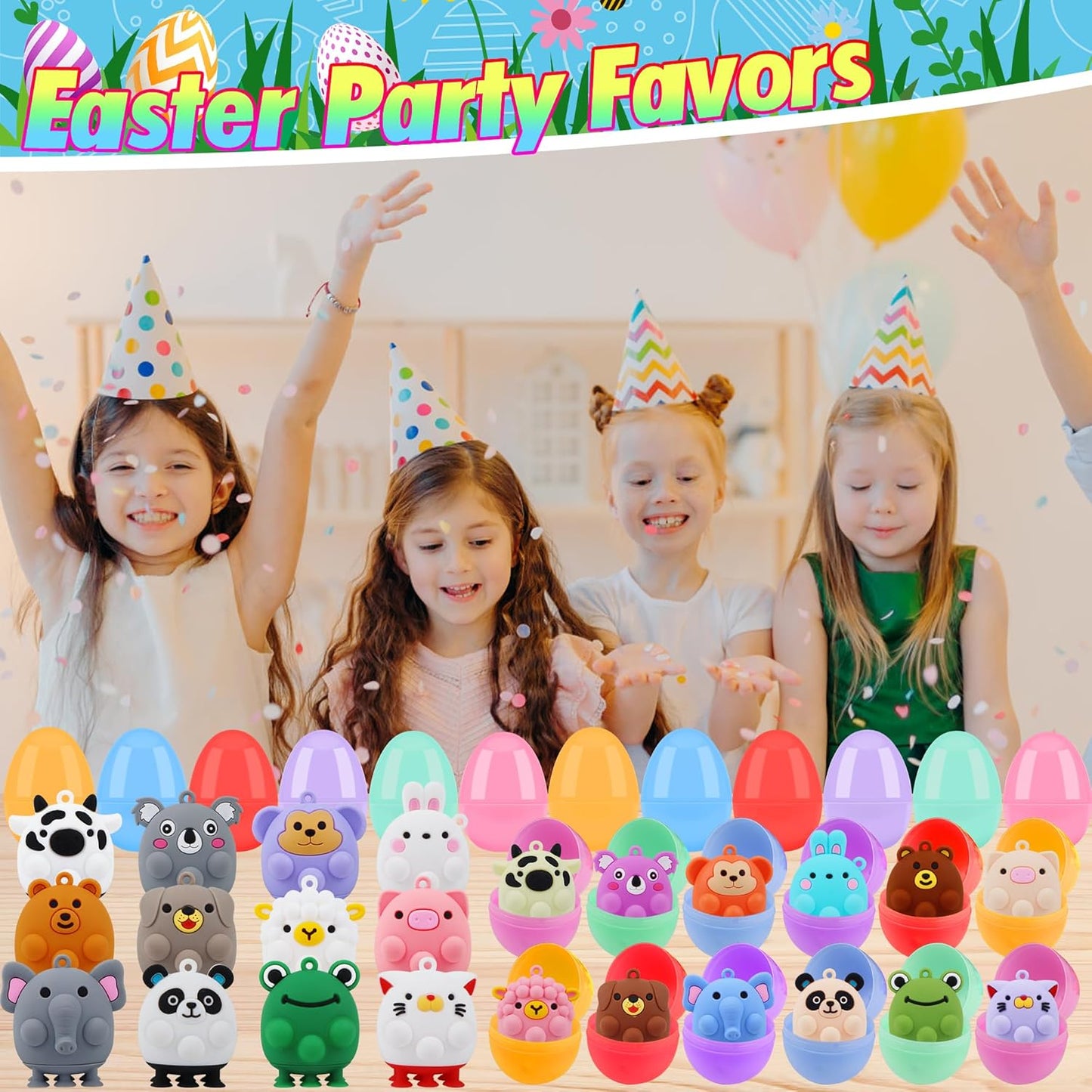 24 Pack Prefilled Easter Eggs with Animal Pop Toys, Filled Easter Eggs for Egg Hunt, Easter Basket Stuffers for Kids,Easter Party Favors Prizes, Prefilled Easter Eggs with Toys