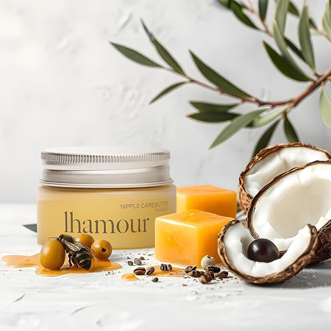 Lhamour 100% Natural Nipple Butter for Breastfeeding Moms, Soothing Nipple Cream with Coconut & Olive Oils, Beeswax, Safe for Baby, Relief for Sore, Dry & Cracked Skin, 1 oz