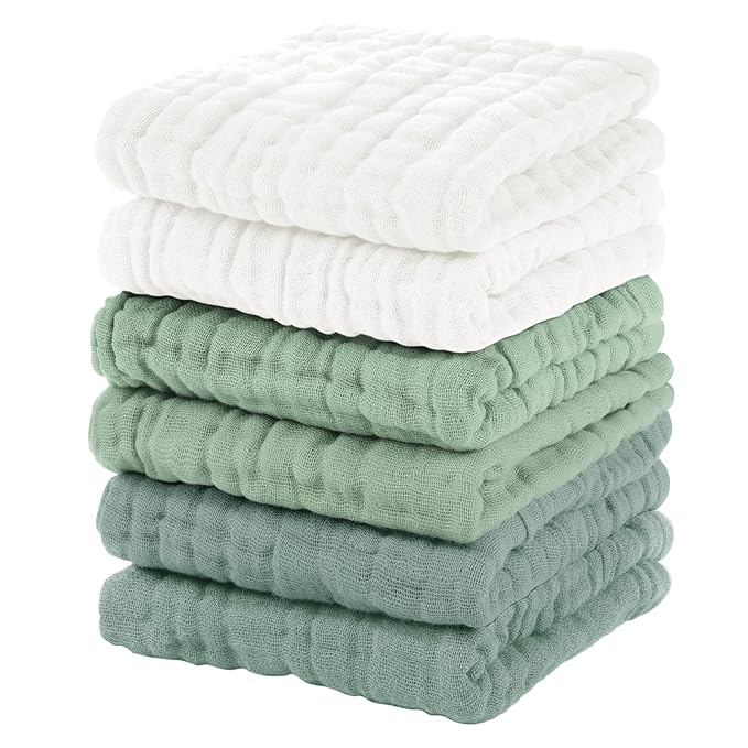 Muslin Baby Washcloths 6 Pack, 100% Cotton Wash Cloths for Babies, Large 12''X12'' Burp Cloths Absorbent and Soft for Newborn Infants Kids Boys Girls - White Green