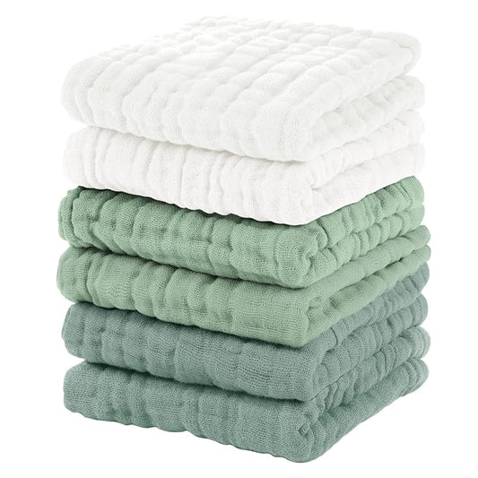 Muslin Baby Washcloths 6 Pack, 100% Cotton Wash Cloths for Babies, Large 12''X12'' Burp Cloths Absorbent and Soft for Newborn Infants Kids Boys Girls - White Green