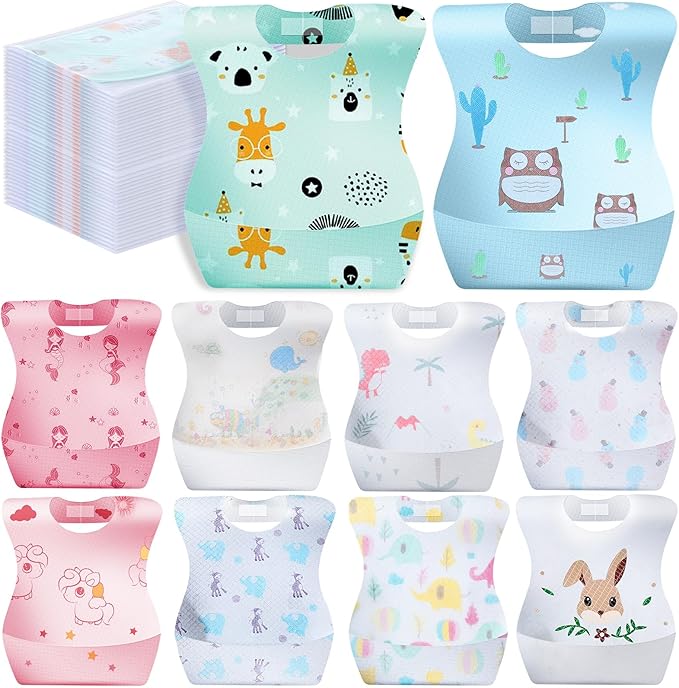 100/200 Pcs Disposable Baby Bibs Bulk Travel Feeding Bib Soft Food Catcher Pocket for Toddlers Girls Boys