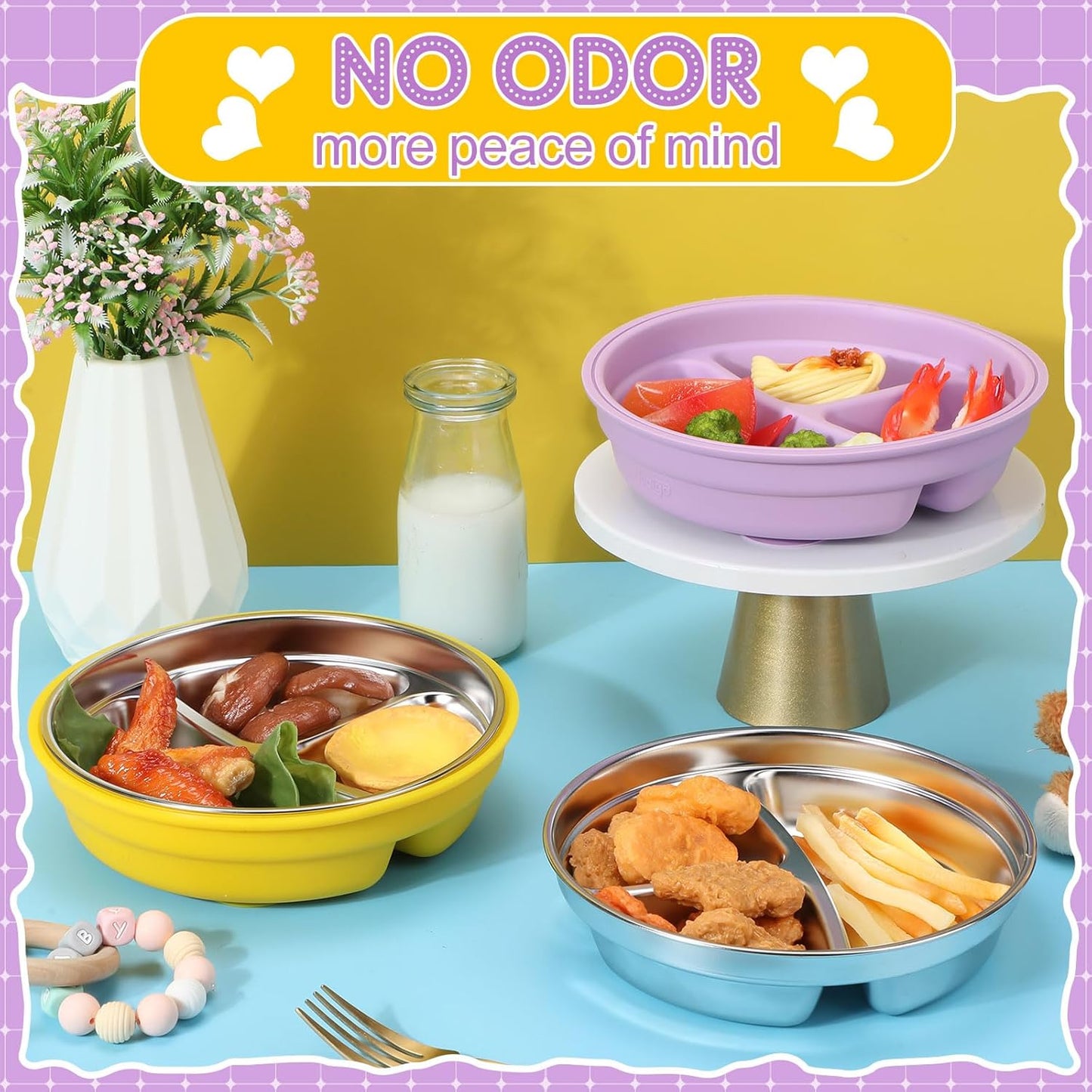 Nuogo 2 Pcs Stainless Steel Baby Suction Plates with Removable Silicone Shell 2-in-1 Metal Toddler Bowl Divided for Picky Eaters Kid Feeding Led Weaning Supply, Dishwasher Safe (Yellow,Purple)