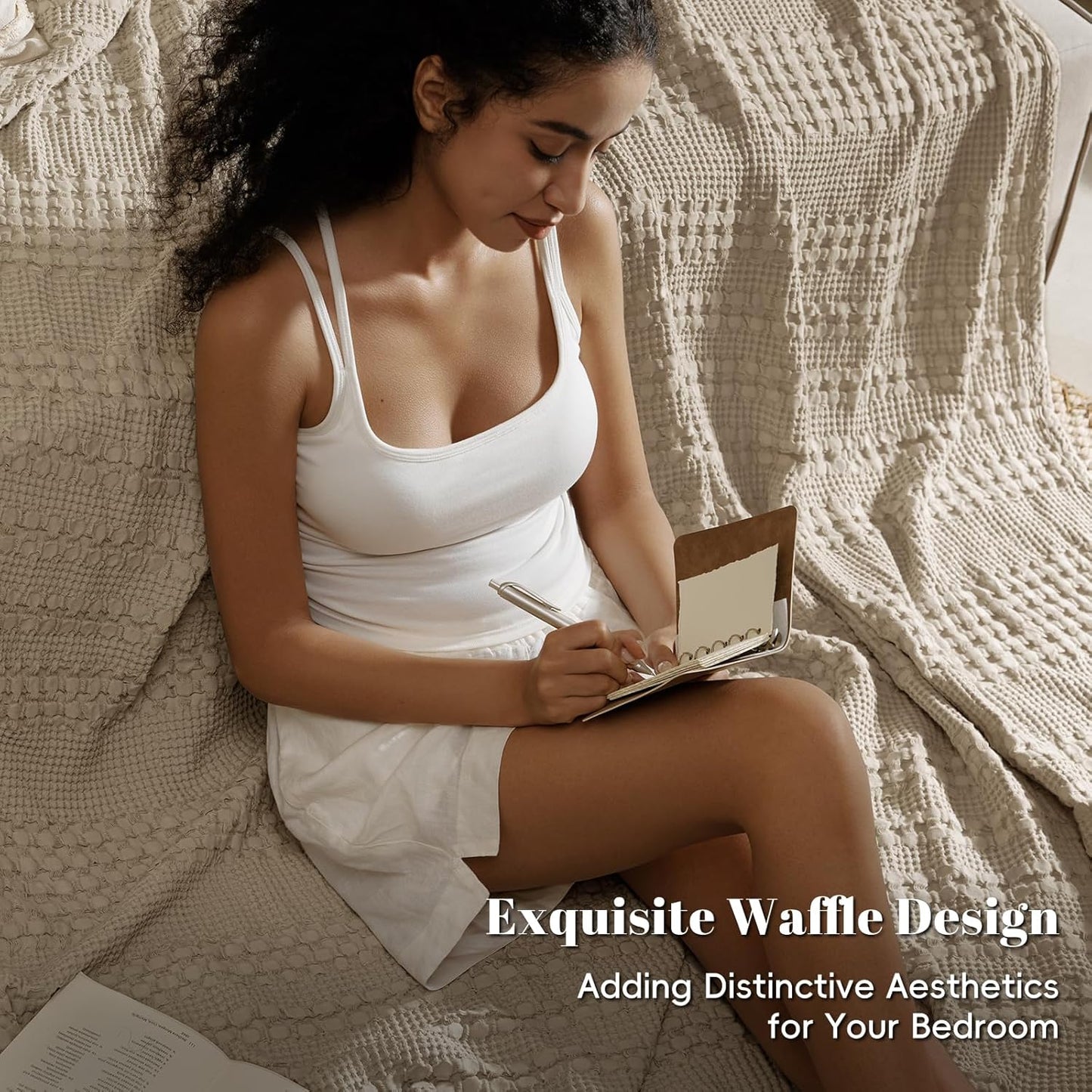 PHF 100% Cotton Waffle Weave Blanket King Size, Soft Lightweight Breathable Cozy Summer Blankets for Bed, Luxury Aesthetic Woven Bedding for Home Decor, 108"x90", Simply Taupe