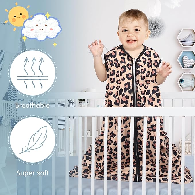 3 Pack Baby Sleep Sack 100% Rayon Cotton Baby Sleeping Bag 2-Way Zipper Toddler Wearable Blankets TOG 0.3. (Leopard&Cobble&Green, 0-6 Months)