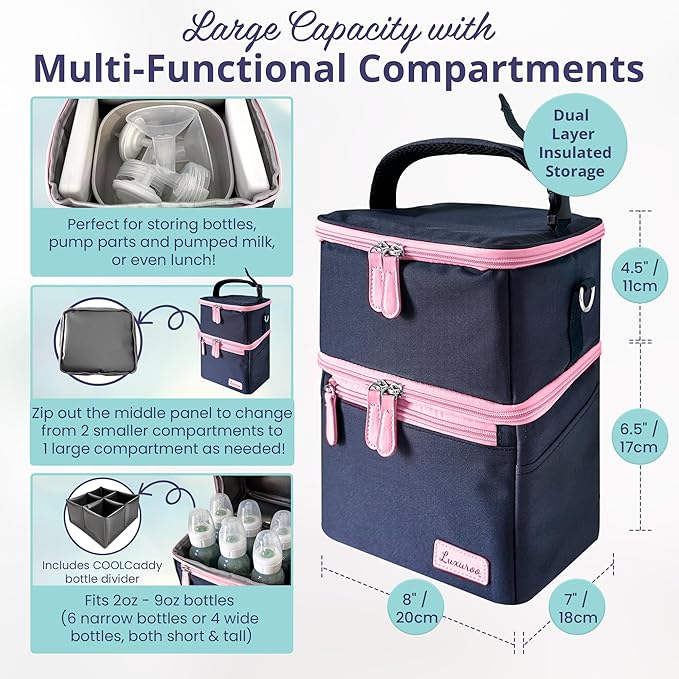 Cool Insulated Breast Milk Cooler Bag with Dual Sections, Non-Toxic, Perfect for Day Care Bottles and Pumping Working Traveling Moms to Keep Breast Milk Cold and Fresh On The Go