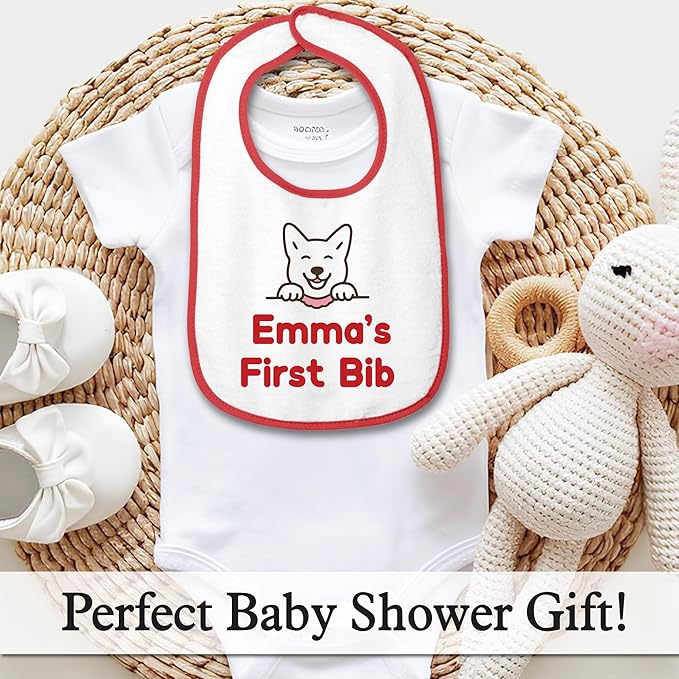 Personalized Baby Bib – Soft Cotton Terry, Cute Jindo Dog Design with Custom Text (1-2 Lines) – Newborns & Toddlers