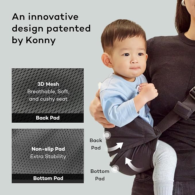 Konny Baby Carrier Hip Seat, Dual Support IHDI Certified with Two Safety Pads, Adjustable Wraps Sling Wearable One Size Fits All, Baby Essentials for 6 to 48 Months up to 44 lbs -Charcoal