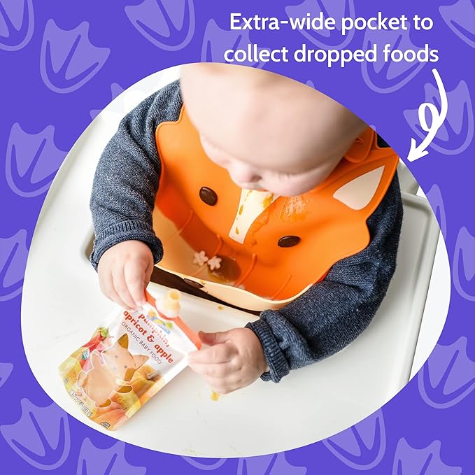 Silly Goose Silicone Animal Baby Bibs for Babies and Toddlers, Waterproof, Adjustable, Soft, Extra Wide Food Catcher Pocket (Baby Fox)