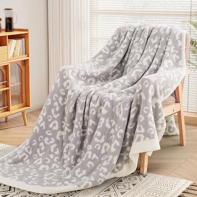 NEXHOME PRO Leopard Soft Blanket Twin Size, Fuzzy Throw Blanket for Couch Bed Sofa Picnic, Knit Blankets for Women Gifts Grey 60 x 80 inches