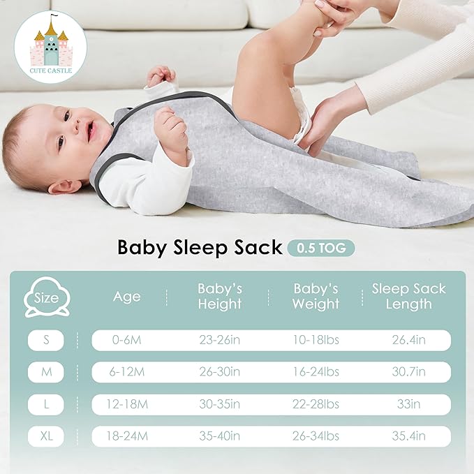 Cute Castle Baby Sleep Sack 6-12 Months - Lightweight 100% Cotton 2-Way Zipper TOG 0.5 Infant Wearable Blanket, Newborn Essentials Toddler Sleep Clothes, 3 Pack(Dark gray, Light gray, Bear)