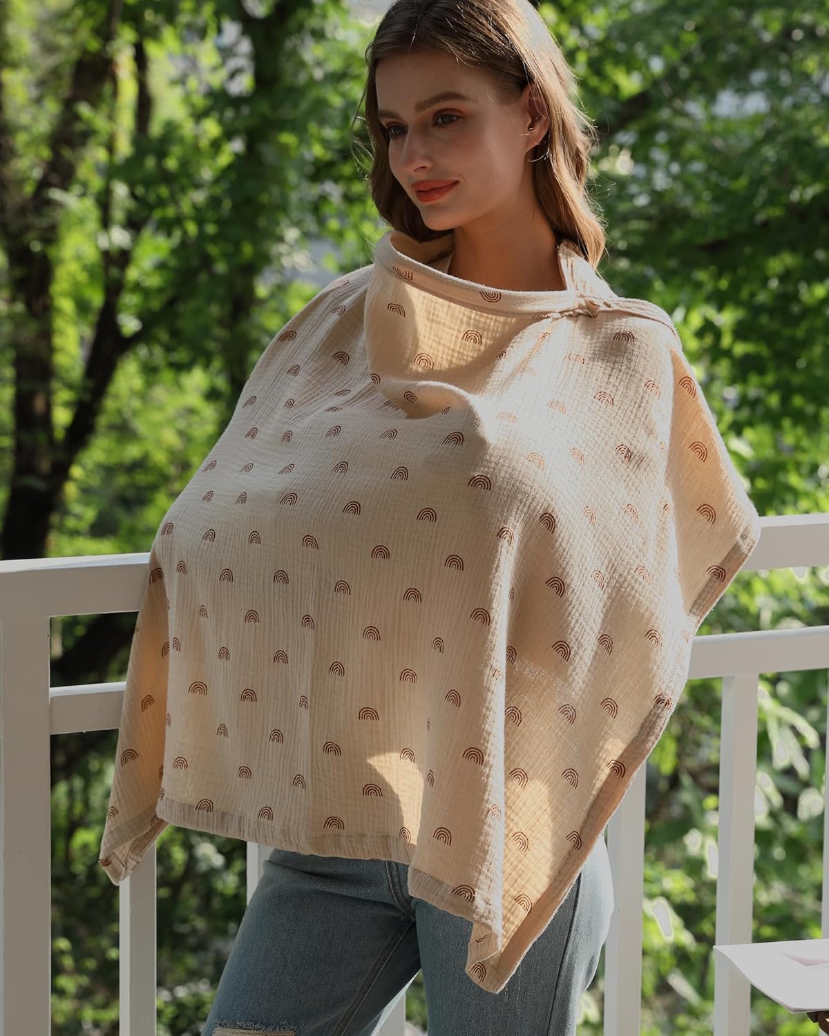 Muslin Nursing Cover for Baby Breastfeeding, Breathable 100% Cotton Breastfeeding Cover with Rigid Hoop for Mother Nursing Apron (Ivory Rainbow)