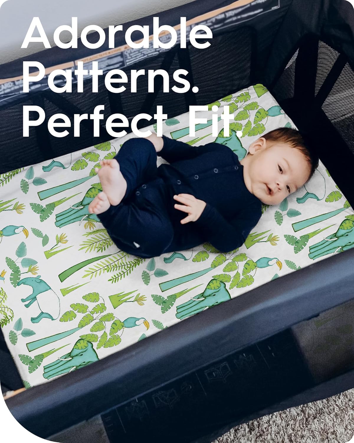 Mini Crib Sheets Boy Girl, Ultra Soft Pack N Play Sheets Fitted, Neutral Pack and Play Mattress Sheets, Premium Jersey Knit Portable Crib Sheets, Secure and Cute, Elephant & Cartoon Safari