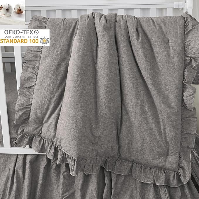 Brandream Crib Bedding Set for Baby Boys 100% Cotton Gender Neutral Boho Bohemian Farmhouse Chic Ruffle 6-Piece Nursery Bedding Set Grey