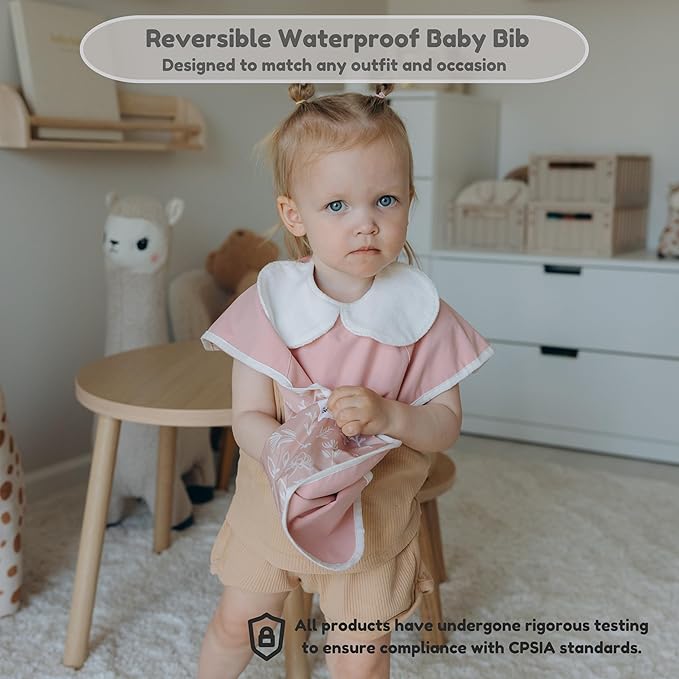 6-Layer Waterproof Baby Bib, Reversible, Adjustable, Washable, Stain Oil Resistant, 6-36 Months, 2-Pack, food bib