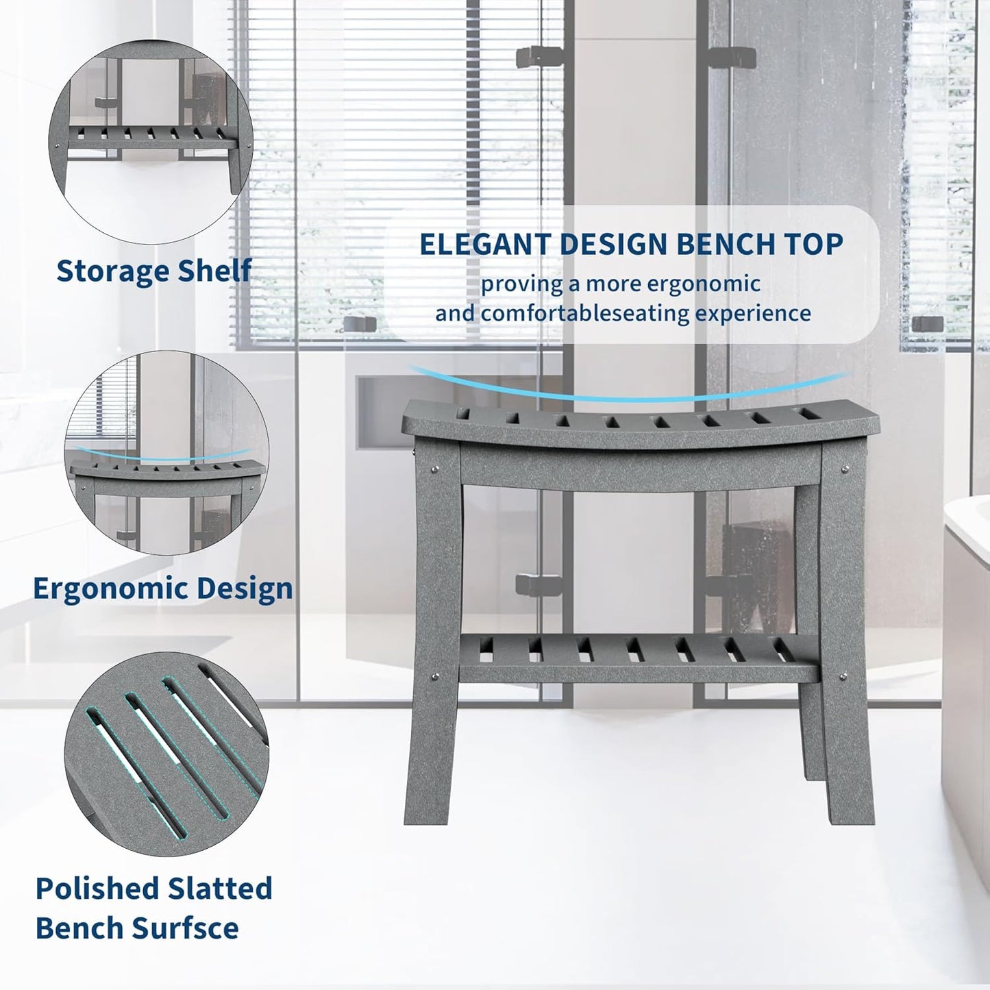 HDPE Shower Bench with Storage Shelf,Waterproof Shower Seat Stool Chair for Bathroom Bathtub,Non-Slip Spa Stool,Indoor Outdoor Use,Space-Saving,No Maintenance