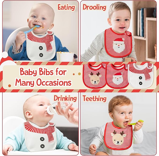 3Pcs Christmas Baby Cotton Bibs with Resin Button Newborn Infant Bibs Christmas Keepsake Baby Gift for Drooling Feeding