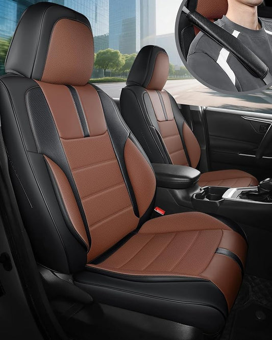 FREESOO Black Brown Front Car Seat Covers - Faux Nappa Leather Seat Covers for Cars, with Carbon Fiber Texture Seatbelt Pads, Ultra Cushion Protectors Fit for Most Vehicles Sedans SUV Trucks Maverick