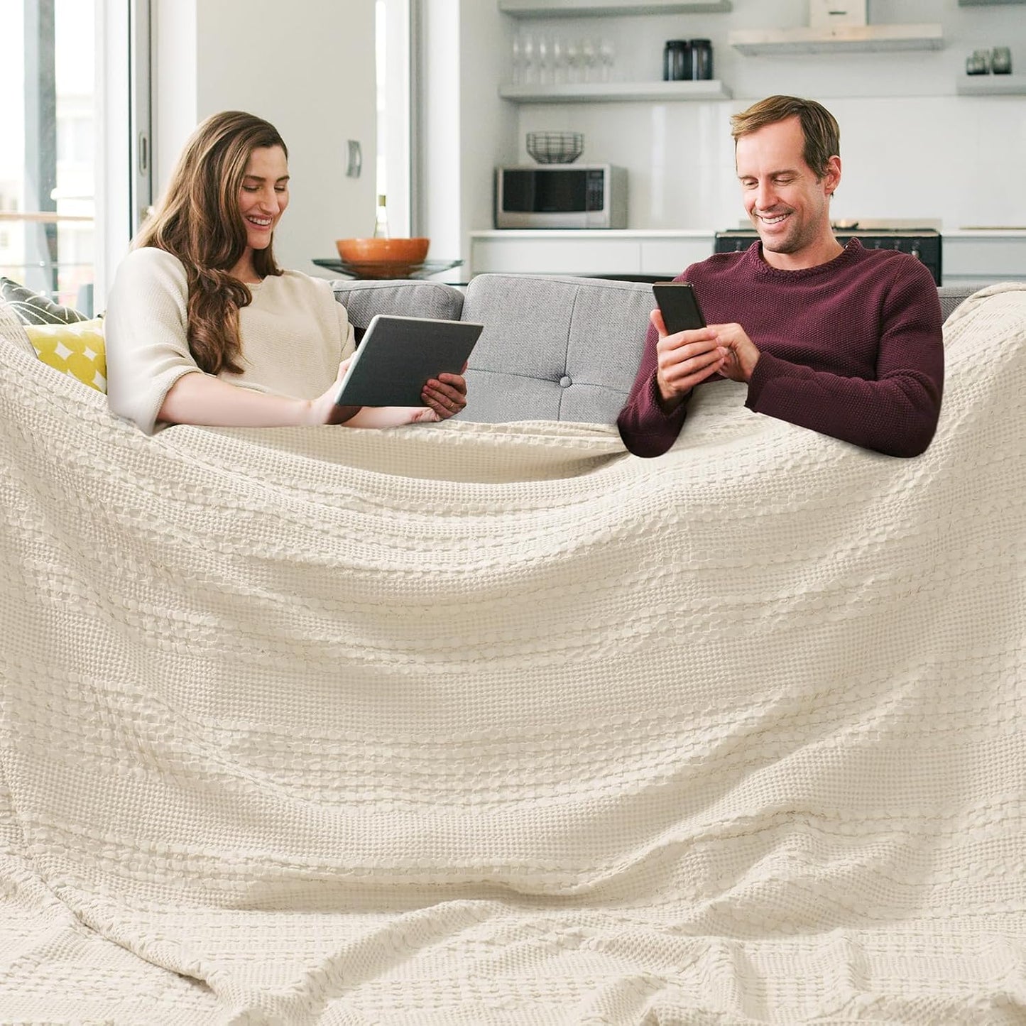 PHF 100% Cotton Waffle Blanket Oversized King 120"x120", Lightweight Breathable Extra Large 10'x10' Summer Blankets for Bed, Giant Big Luxury Aesthetic Woven Bedding for Home Decor, Undyed