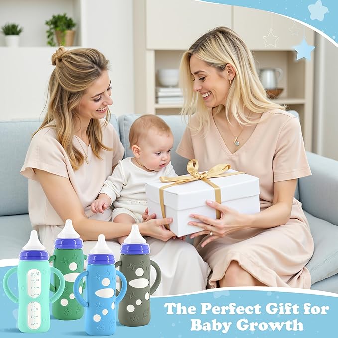 4-Pack Silicone Sleeves for Lansinoh Glass Bottles 8 oz- Starry Sky Design Baby Bottle Holder with Handles,Protectors for Lansinoh Natural Wave Glass Bottles, Anti-Scald Feeding Supplies