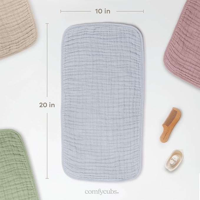 Comfy Cubs Muslin Burp Cloths 20" x 10", Pack of 10 - Large, 6-Layer, Ultra Absorbent 100% Cotton for Baby Drool and Messes - Soft, Safe & Gentle Baby Burp Cloths for Boys & Girls - Slate