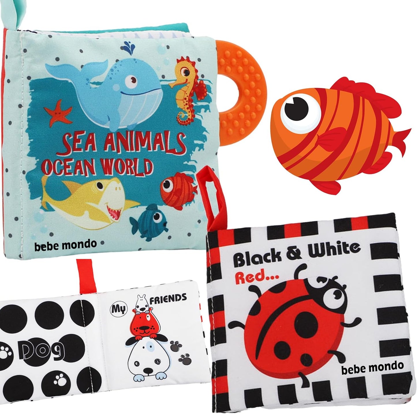 High Contrast Baby Books, Black and White Cloth Crinkle Books for Babies Infant Toys 0-3-6-12-18 Months, Shower Baby Gifts, Teething Teether Sensory Toy for Boys Girls, Fish, 2PCS