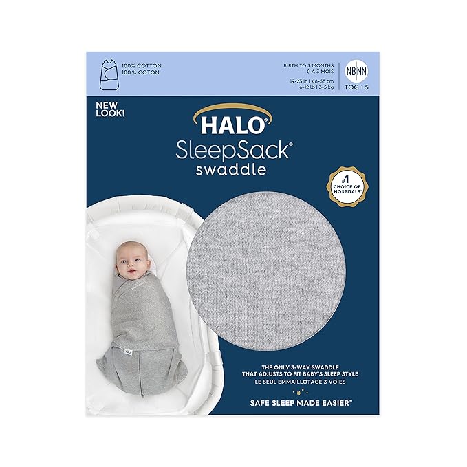 HALO 100% Cotton Sleepsack Swaddle, 3-Way Adjustable Wearable Blanket, TOG 1.5, Heather Grey, Small, 3-6 Months
