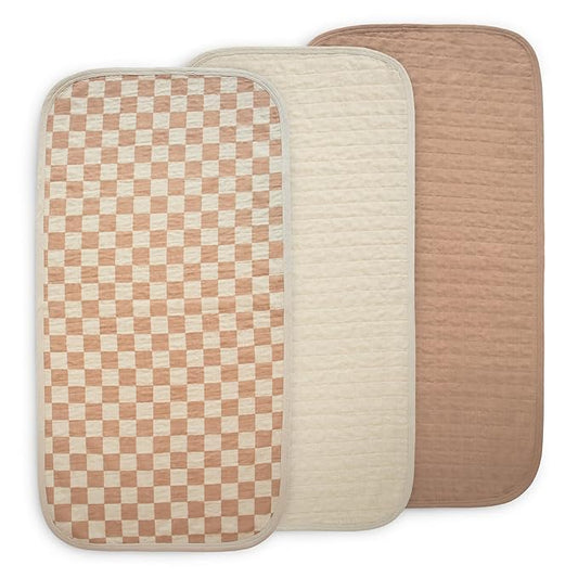 mushie Waterproof Changing Pad Liners | 100% Organic Cotton | Set of 3 (Natural Check Combo)