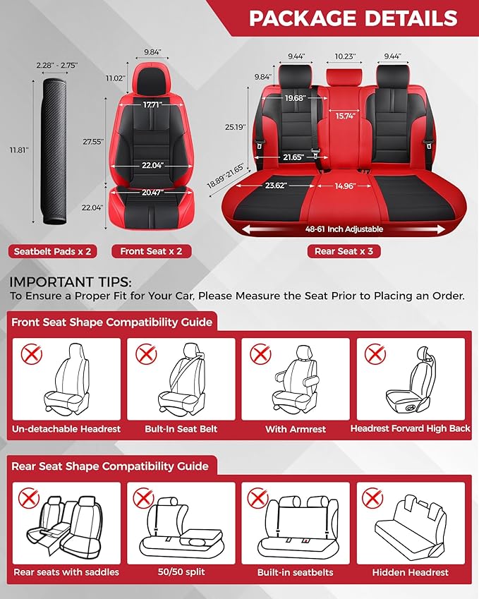 FREESOO Red Black Car Seat Covers Full Set - Faux Nappa Leather Seat Covers for Cars, with Front Seatbelt Pads, Breathable Interior Protectors Universal Fit for Most 5 Seats Vehicles Sedans SUV Trucks