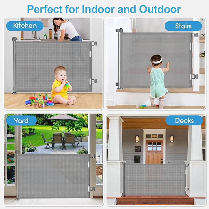 71 inch Retractable Baby Gates, EZIGO Extra Wide Baby Gate for Large Opening Extra Long Mesh Gate for Kids or Pet Dog Gate Child Safety Gate for Stairs Hallways Doorway Indoor Outdoor, Gray